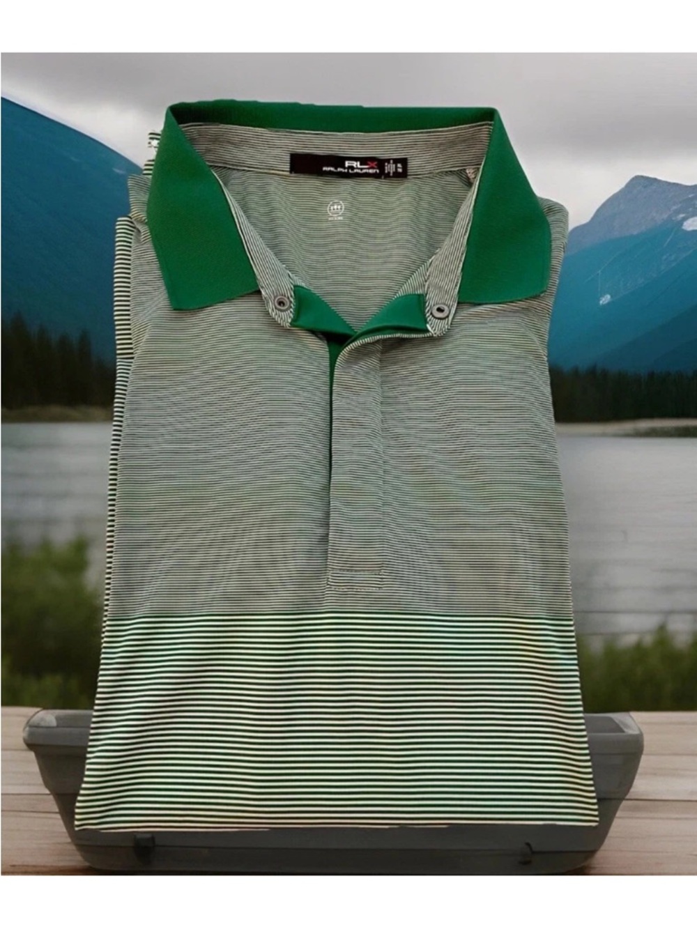 RLX Ralph Lauren Green Striped Polo with Contrast Collar